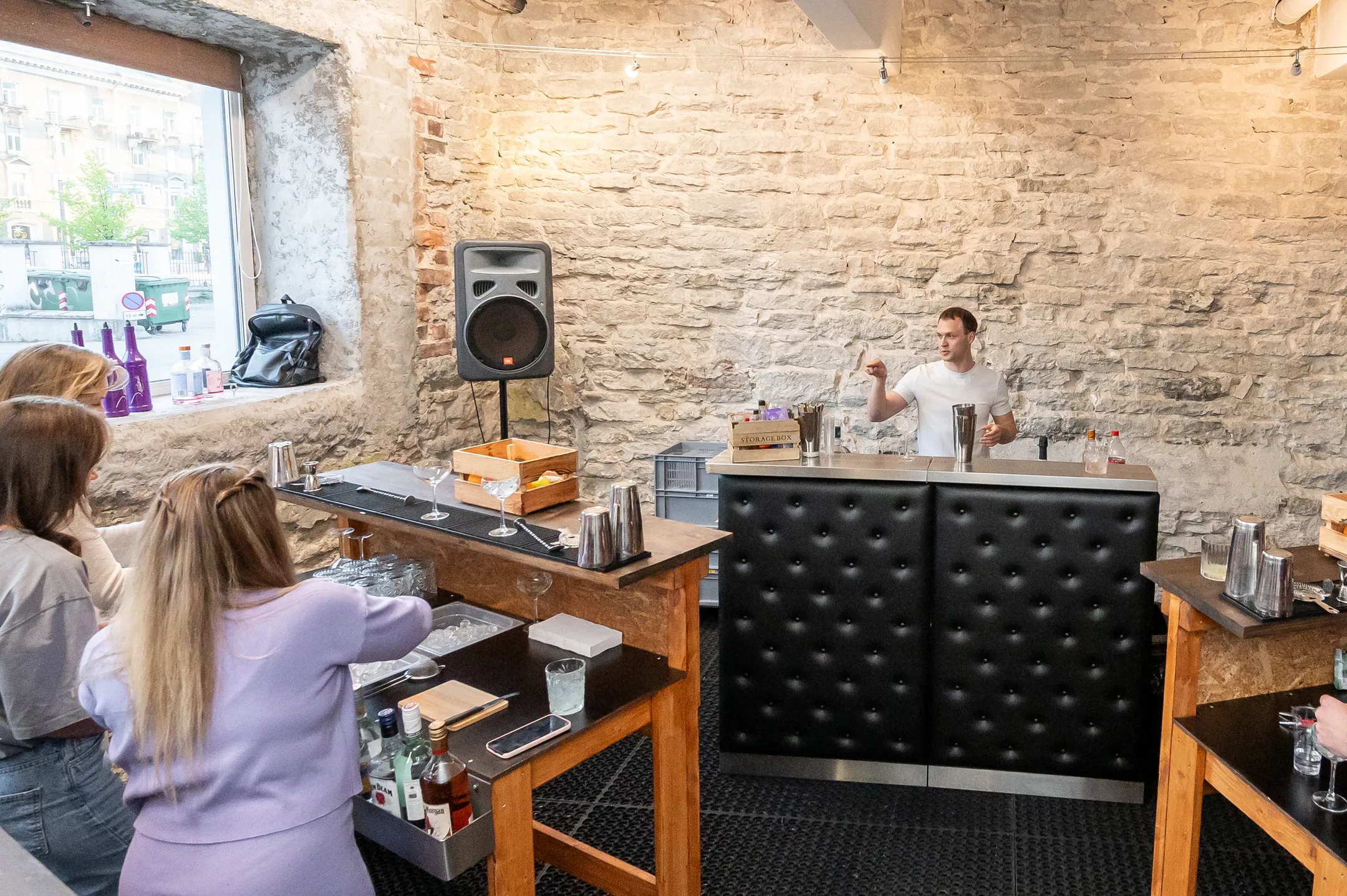 The training room: wooden work counters and bar equipment
