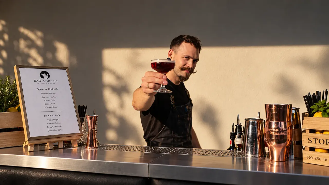 A bartender handing over a coupe serve, the menu board behind