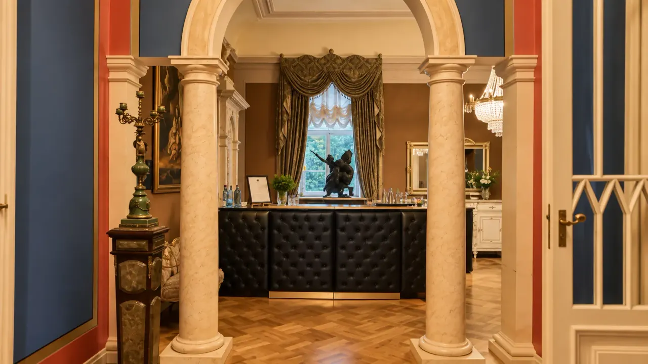 The black tufted counter in a manor hall with columns and a chandelier