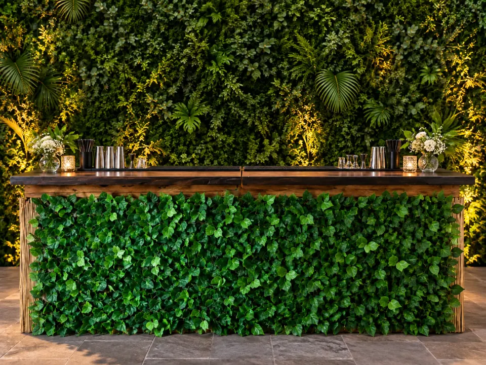 Wood-top bar counter with an ivy-leaf-clad front, set against a lit green living-wall backdrop